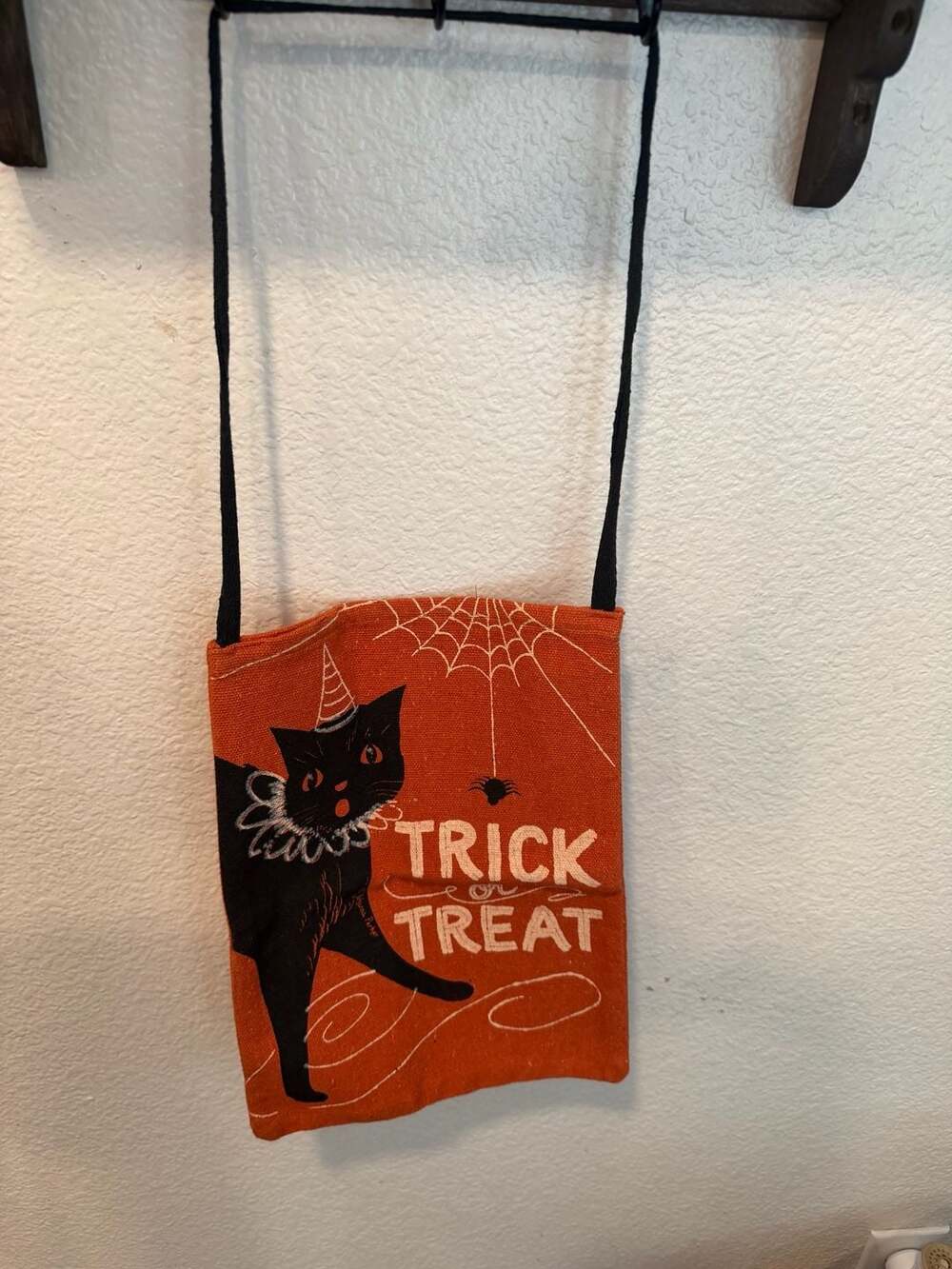 Halloween Trick or Treat Bag Black Cat Witch Orange Canvas Tote 13x10